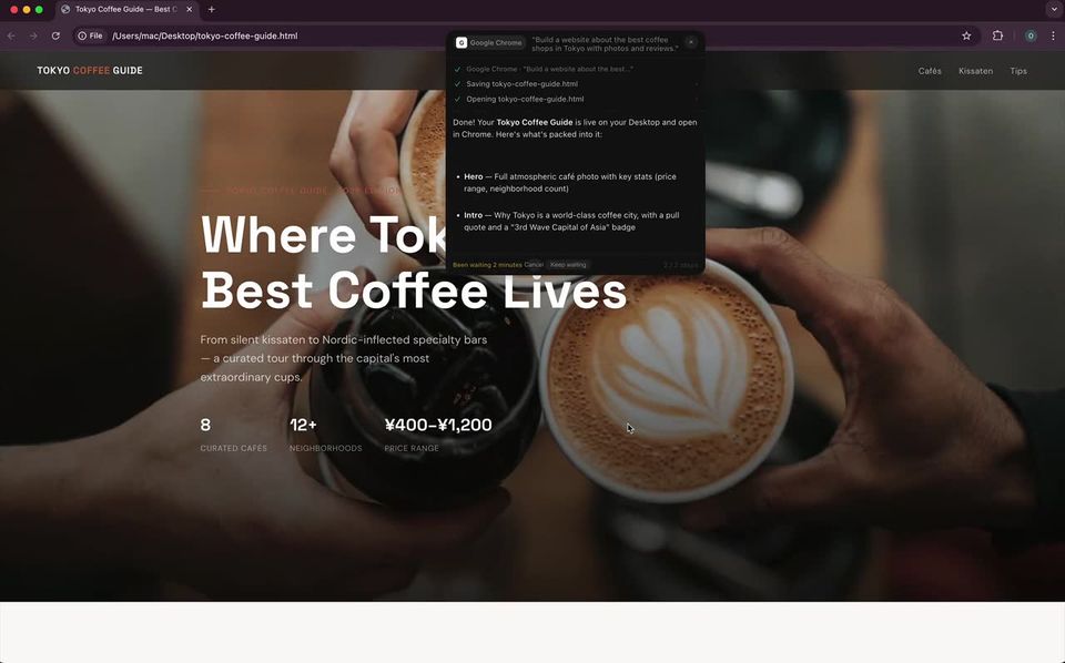 Cue's panel over a browser window: the spoken request, the steps it took, and the finished page behind it.