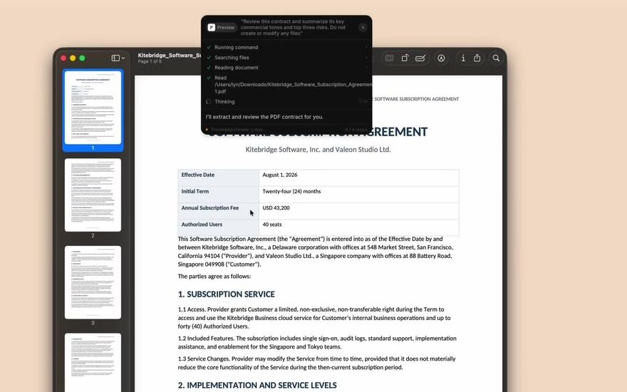 Cue's panel over Preview with a contract open: the spoken request to review it, and the steps Cue took.