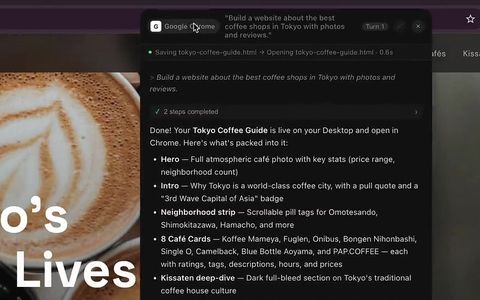 Cue's panel over a browser: the spoken request at the top, then the steps it took, saving and opening the file.