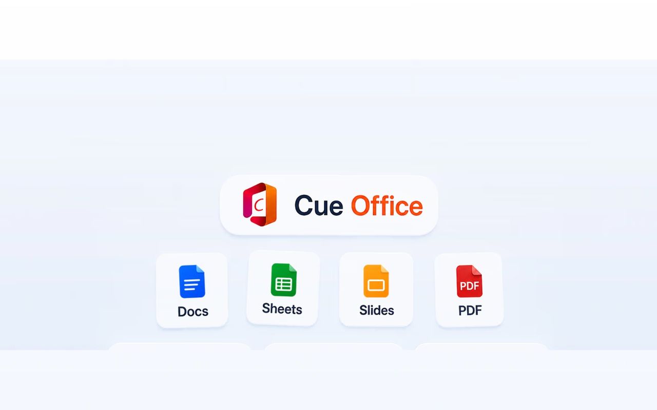 Cue Office and its four document types: Docs, Sheets, Slides and PDF.