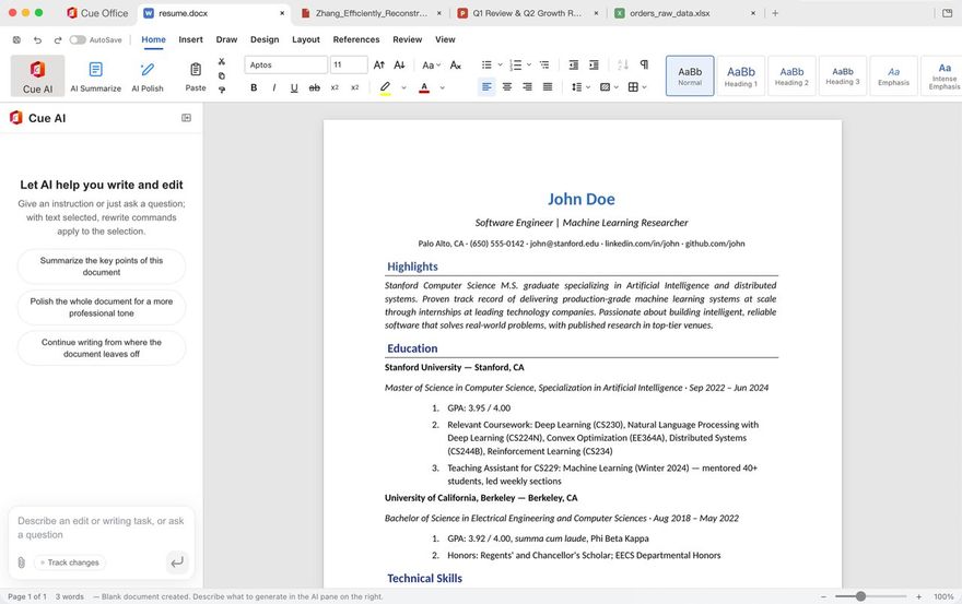 Cue Office Docs on macOS: a r&eacute;sum&eacute; open, with the Cue AI sidebar offering to summarise, polish or continue writing.