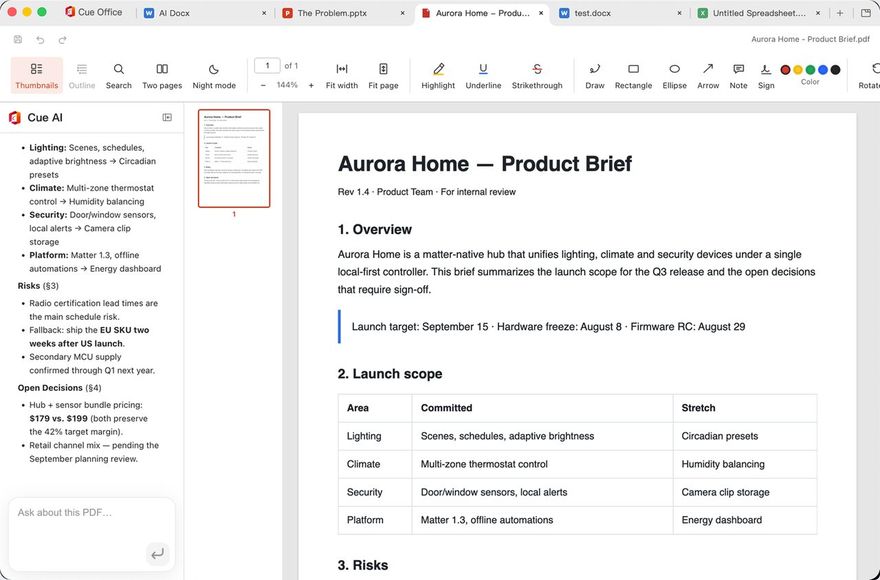 Cue Office PDF: a product brief open, with Cue AI summarising its sections, risks and open decisions in the sidebar.