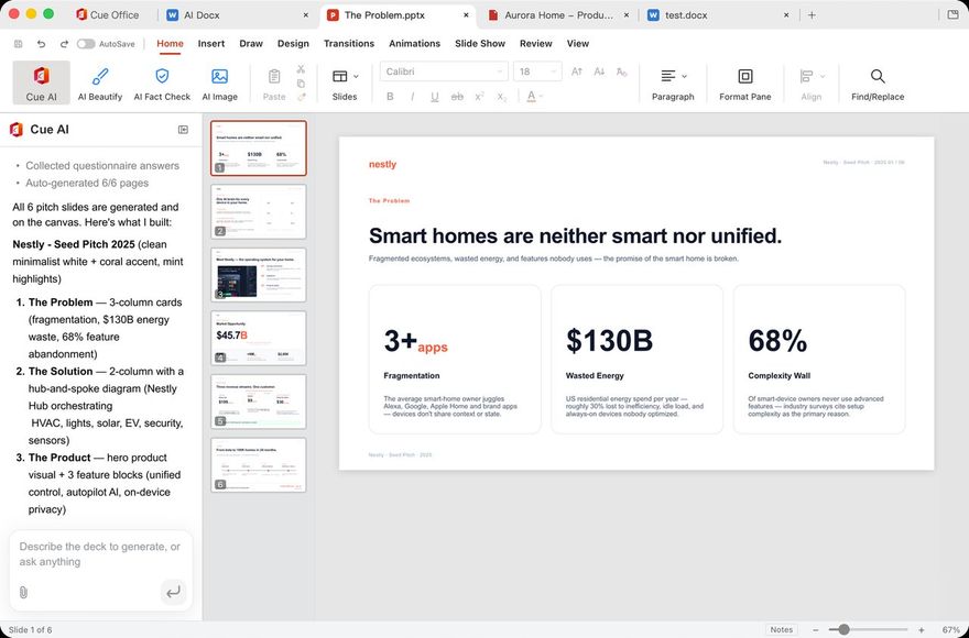 Cue Office Slides: a six-slide pitch deck generated from a description, with Cue AI listing what it built.
