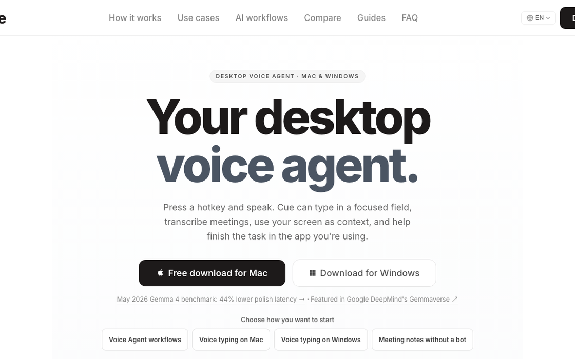 The Cue homepage: &ldquo;Your desktop voice agent&rdquo; over download buttons for Mac and Windows.
