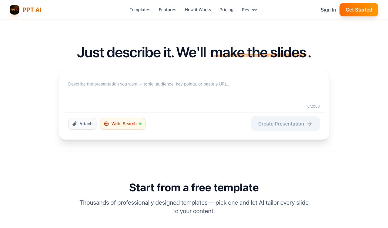 The PPT AI web app: a prompt box under the line “Just describe it. We’ll make the slides.”